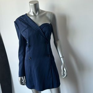 Navy pinstripe, modern asymmetrical jacket style dress